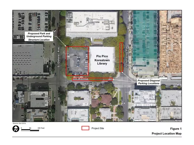 aerial view of Pio Pico Library and surrounding buildings